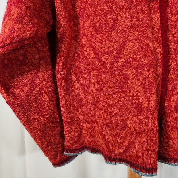 OLEANA $555 Large Norwegian Espeland Red Orange 100% Wool Heart Button Cardigan - Picture 2 of 9
